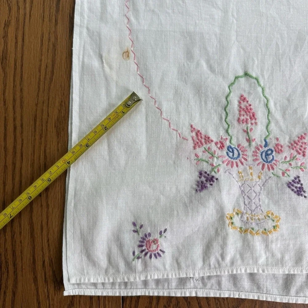 Vtg Embroidered Crochet Dresser Scarf Table Runner Flower Basket Thin Fabric EUC